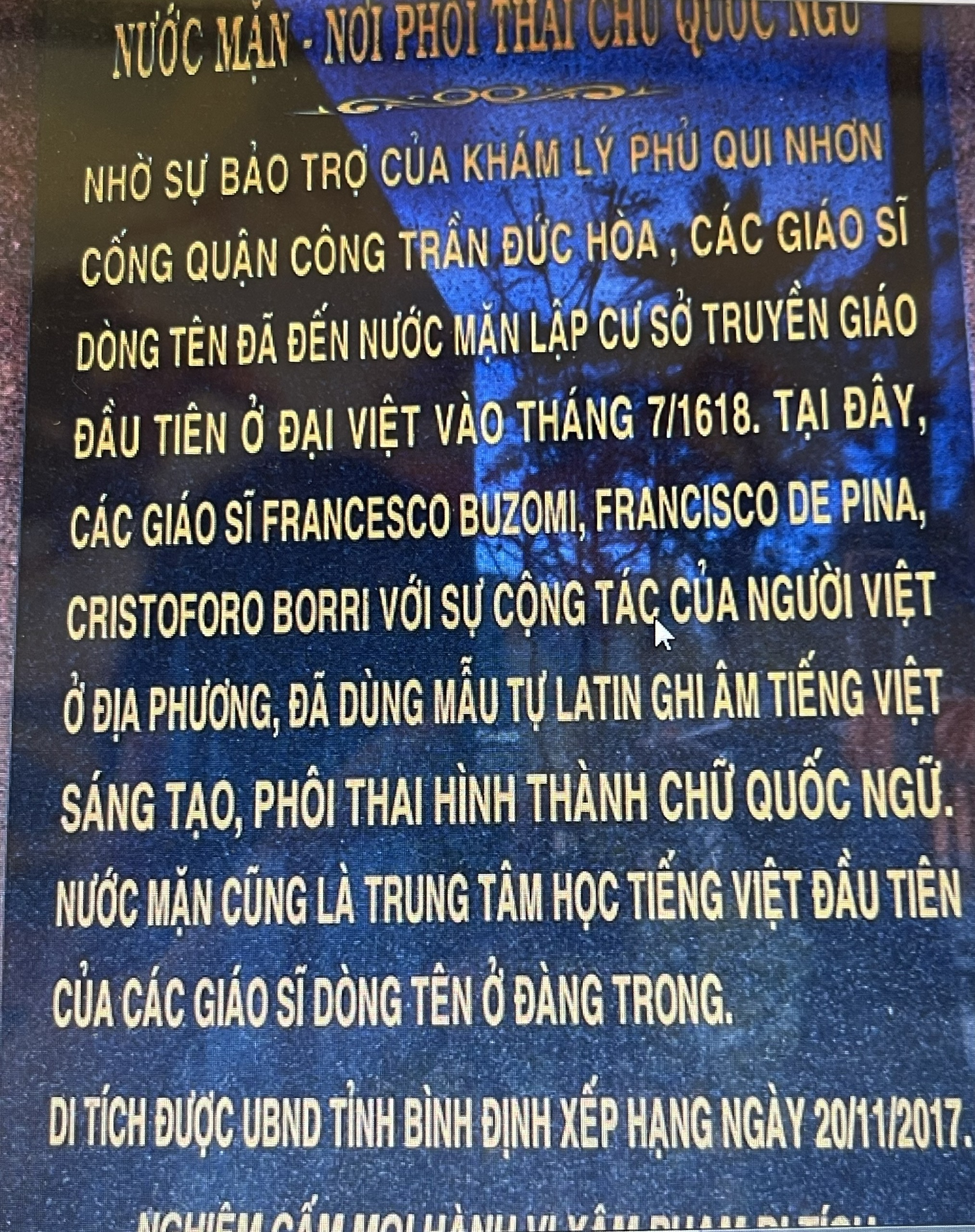 Bia Di Tích Nước Mặn - Nơi tiền khởi Đạo Công giáo vào Việt nam - Cái Nôi Chữ Quốc Ngữ